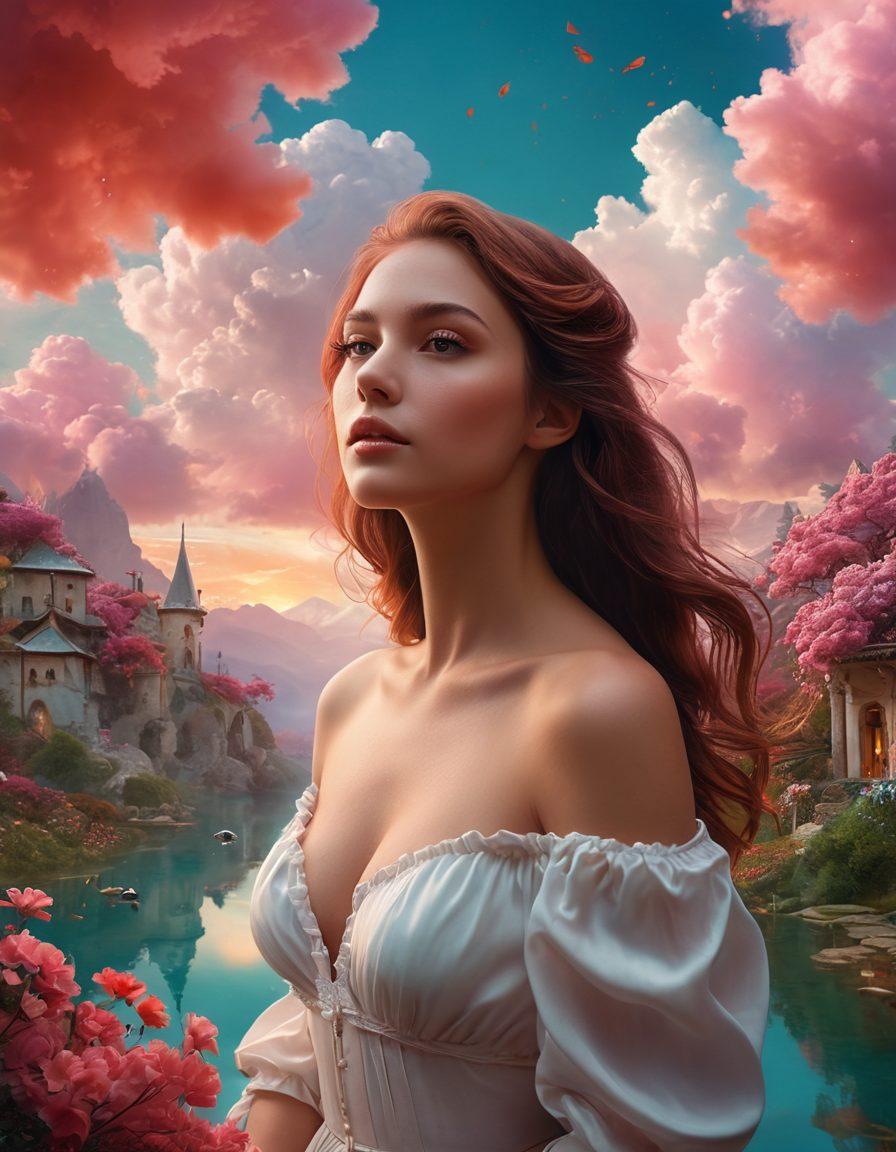 A surreal blend of fantasy and reality featuring a captivating adult model in an ethereal landscape. The scene should include dreamlike elements such as floating clouds, whimsical flora, and soft, glowing lights that reflect intimacy and erotic expression. The model should exude confidence and allure, with a soft gaze that invites the viewer into their world. Ensure a rich color palette that conveys warmth and depth, enhancing the narrative of transformation from fantasy to reality. super-realistic. vibrant colors. dreamy atmosphere.